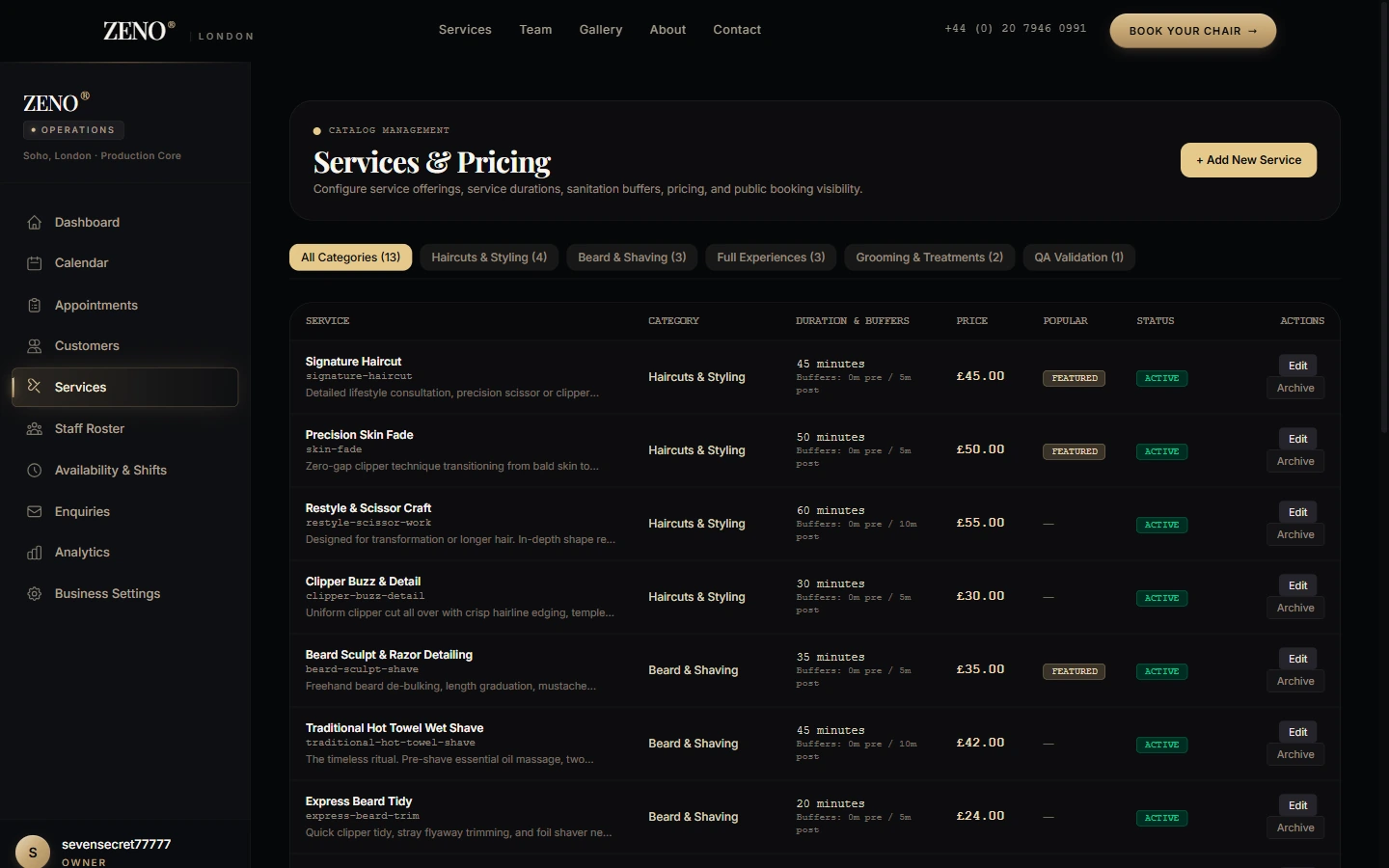Service management screen from the BDS booking platform