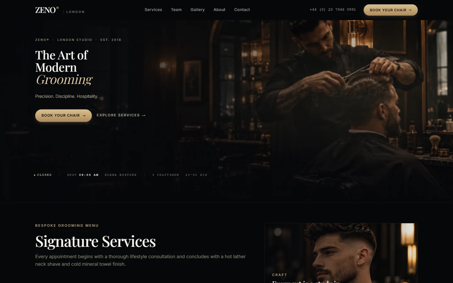 ZENO fictional demonstration website showing a grooming studio homepage