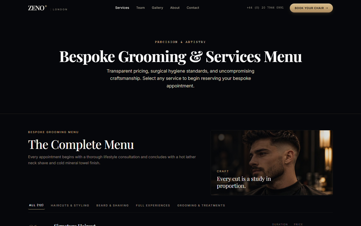 Services page from the appointment booking platform
